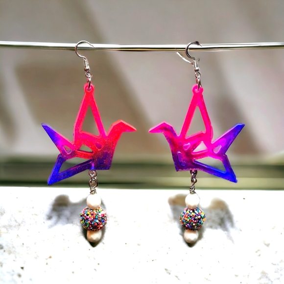 Hand Crafted Jewelry - Ombre Pink,Purple and Blue/Origami Crane Dangle Earrings